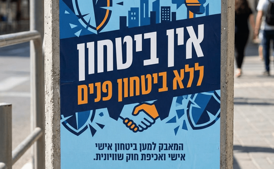 Poster in Hebrew promoting personal security and equality, featuring handshake and shield icons